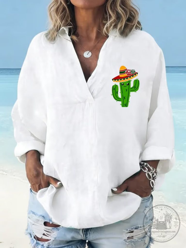 Cute Cactus Wearing Sombrero Printed V-Neck Long-Sleeve Shirt 7 Cute Cactus Wearing Sombrero Printed V-Neck Long-Sleeve Shirt