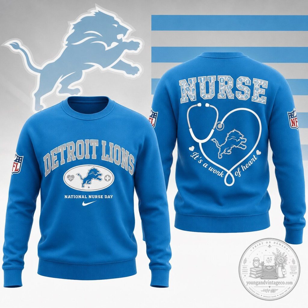 Blue Crewneck Sweatshirt for Nurse Day - Detroit Lions Design Blue Crewneck Sweatshirt for Nurse Day - Detroit Lions Design