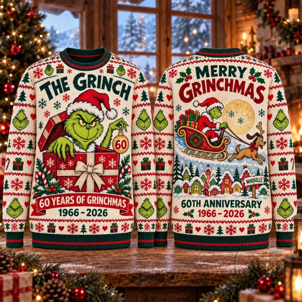 60th Anniversary Ugly Christmas Sweatshirt featuring The Grinch Merry Grinchmas Design 60th Anniversary Ugly Christmas Sweatshirt featuring The Grinch Merry Grinchmas Design