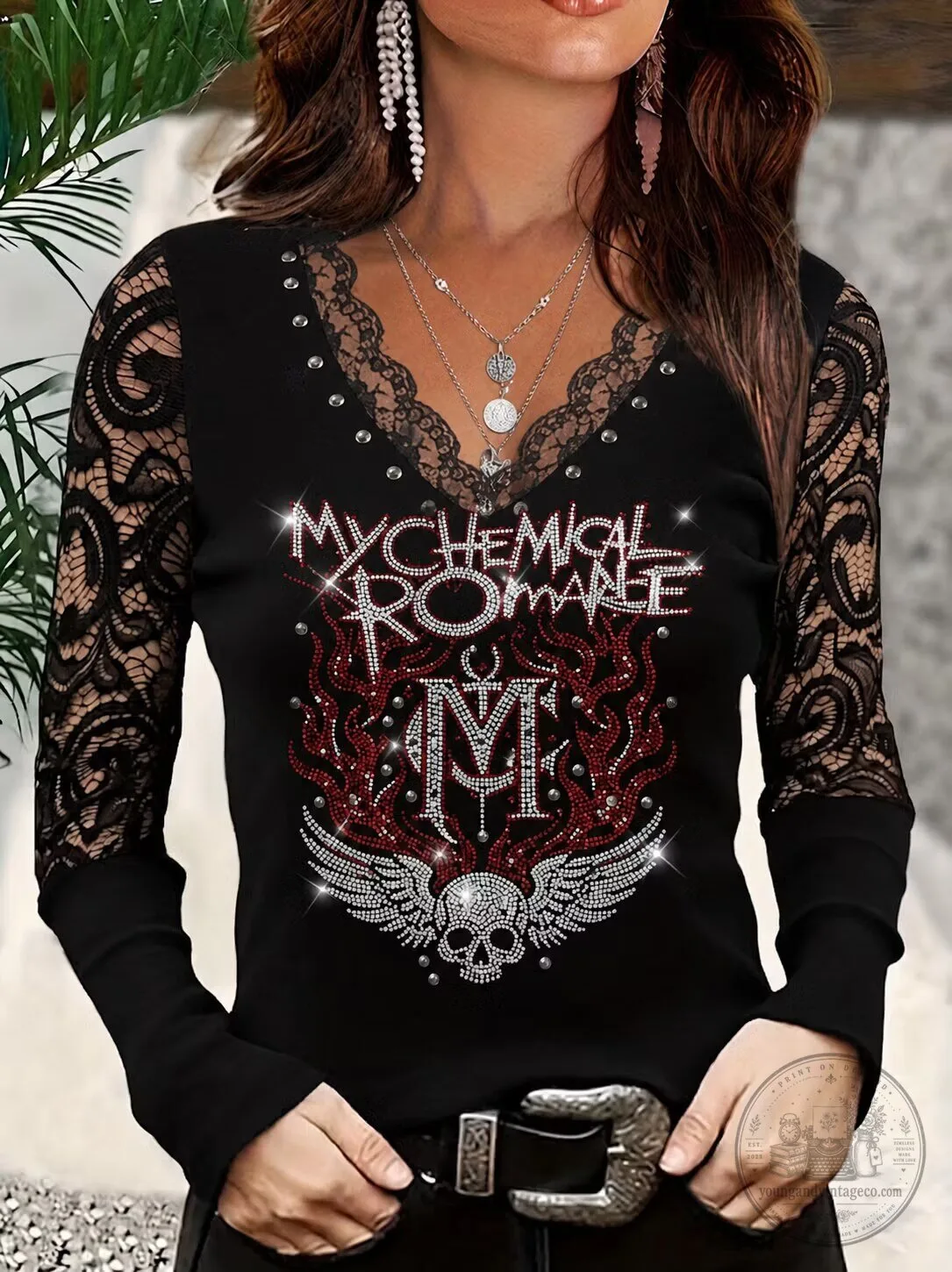 My Chemical Romance Skull Wings Embellished Lace Long-Sleeve Shirt