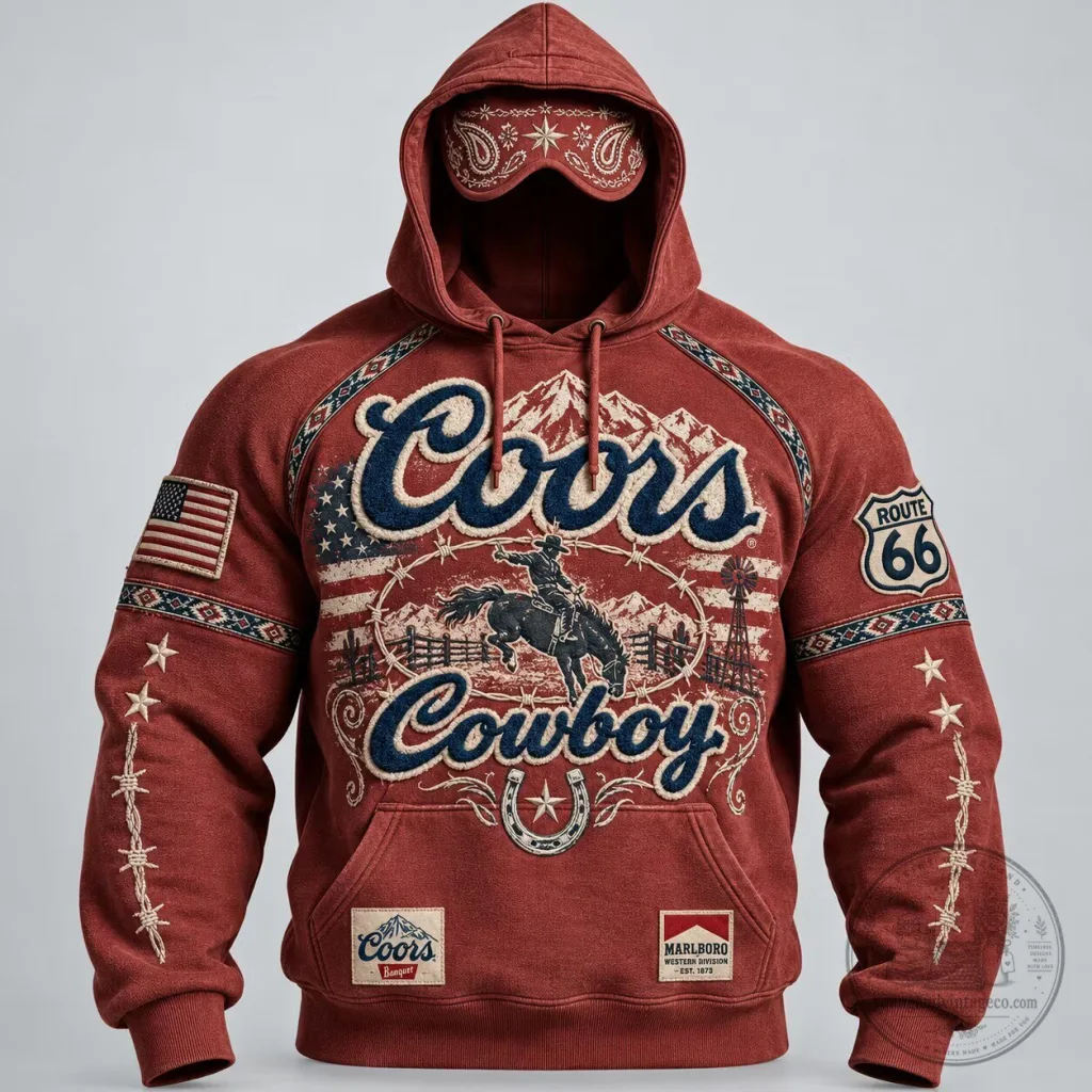Coors Cowboy Western Style Route 66 Marlboro Embroidered Pullover Hoodie Coors Cowboy Western Style Route 66 Marlboro Embroidered Pullover Hoodie