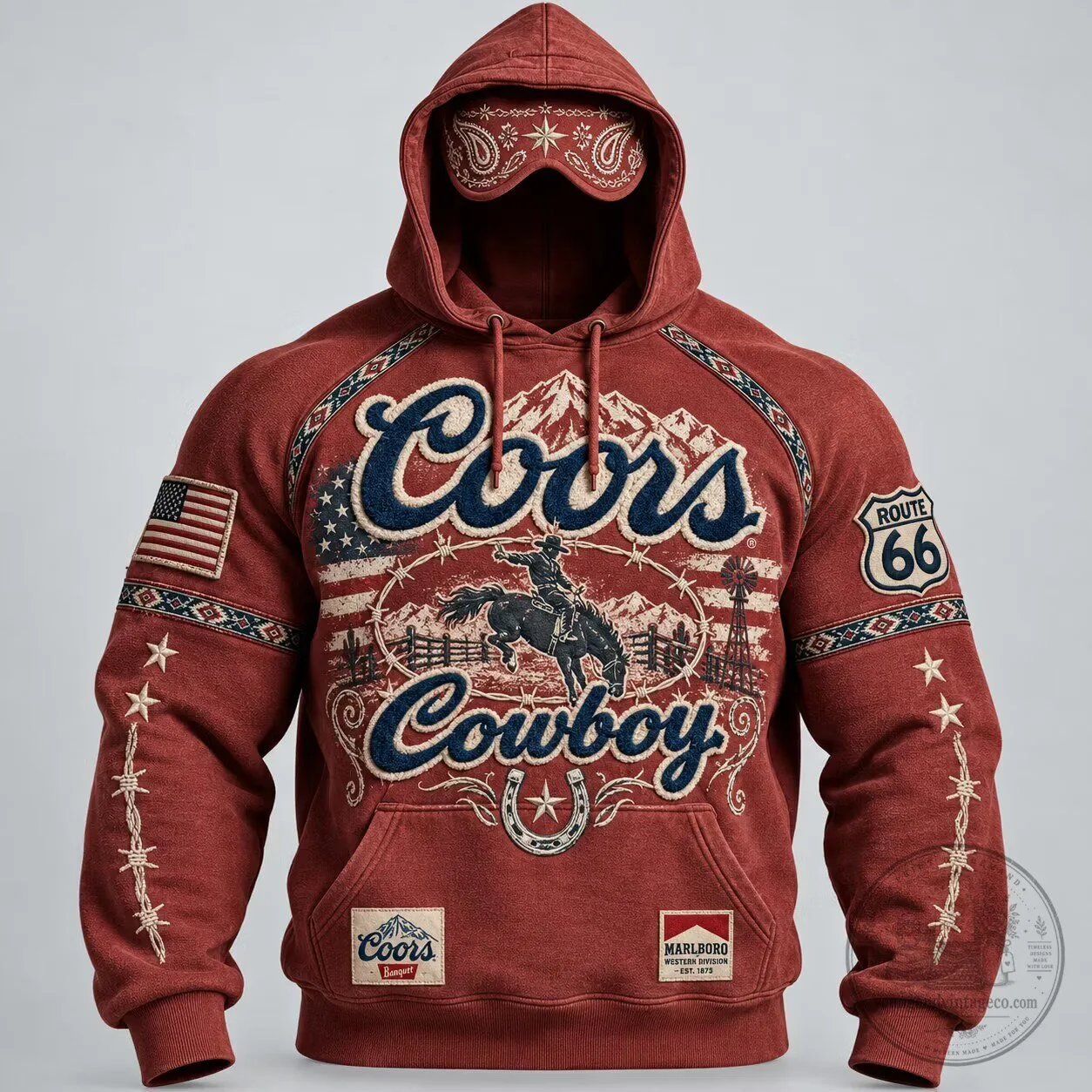 Coors Cowboy Western Style Route 66 Marlboro Embroidered Pullover Hoodie