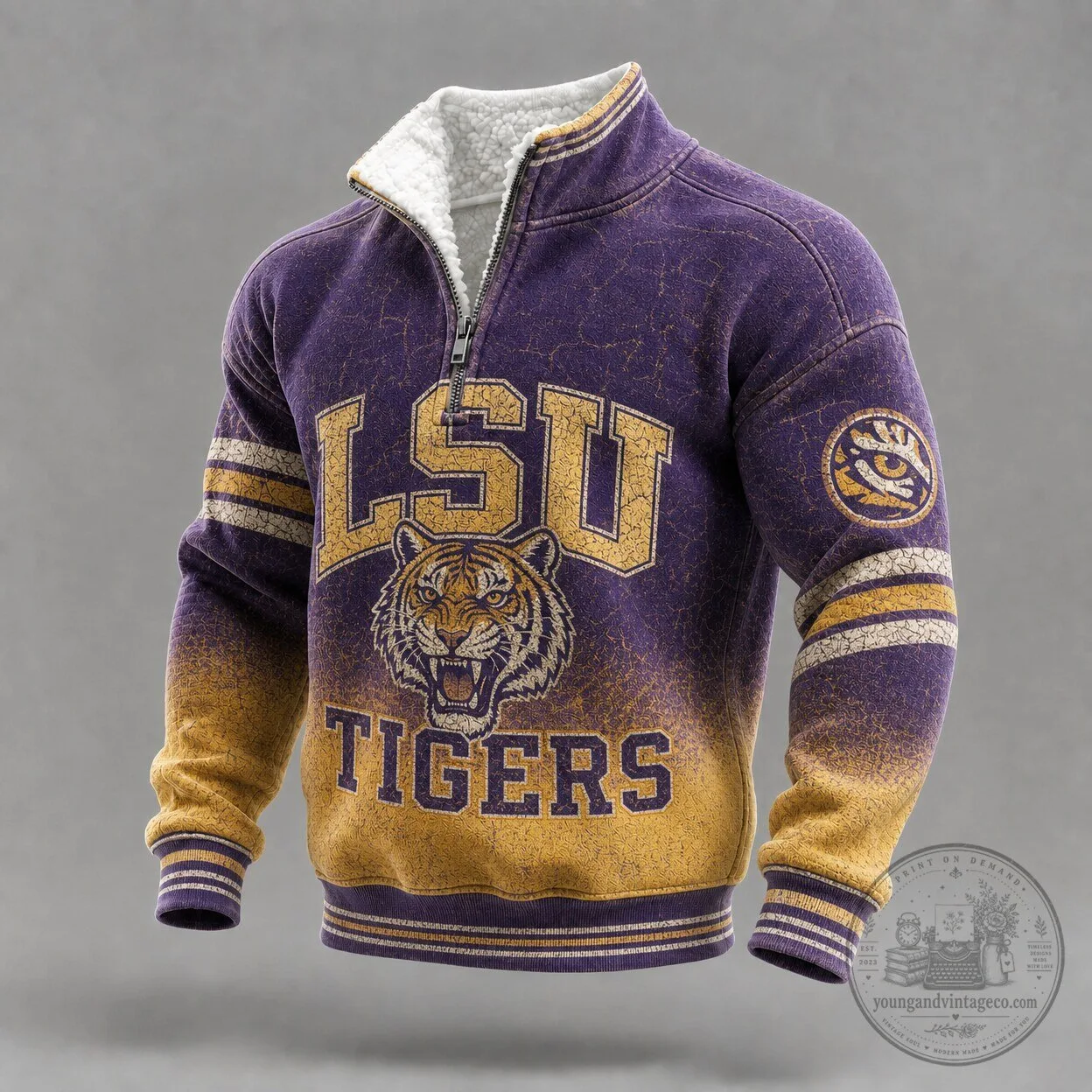 LSU Tigers Distressed Purple Yellow Quarter-Zip Fleece Pullover Sweatshirt