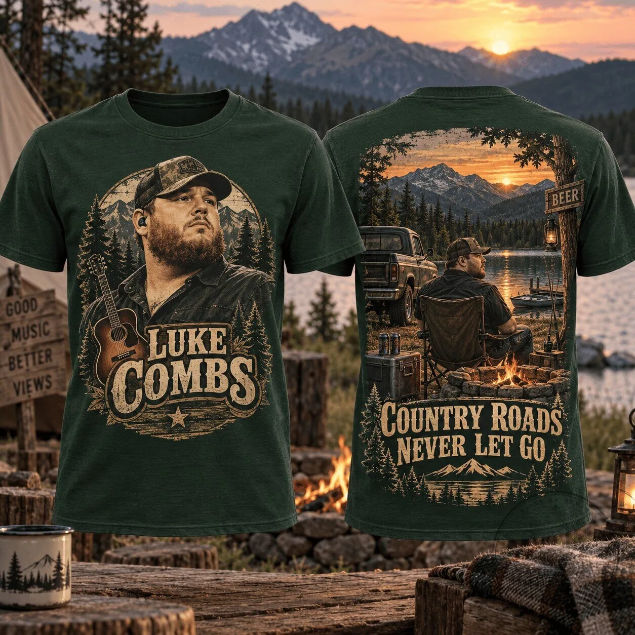Luke Combs Country Roads Never Let Go Forest Sunset Portrait T-Shirt