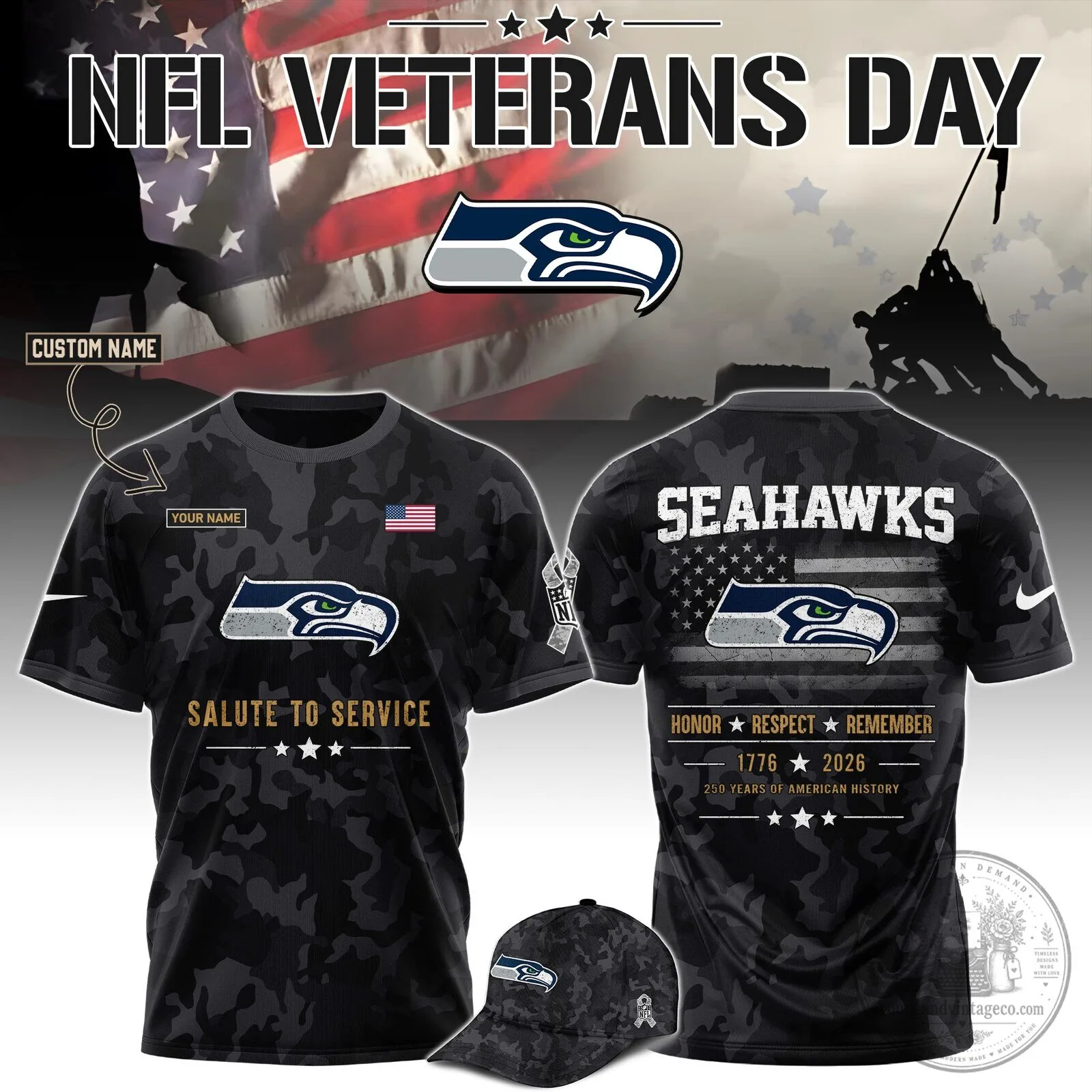 Seattle Seahawks NFL Veterans Day Salute To Service Black Camouflage T-Shirt