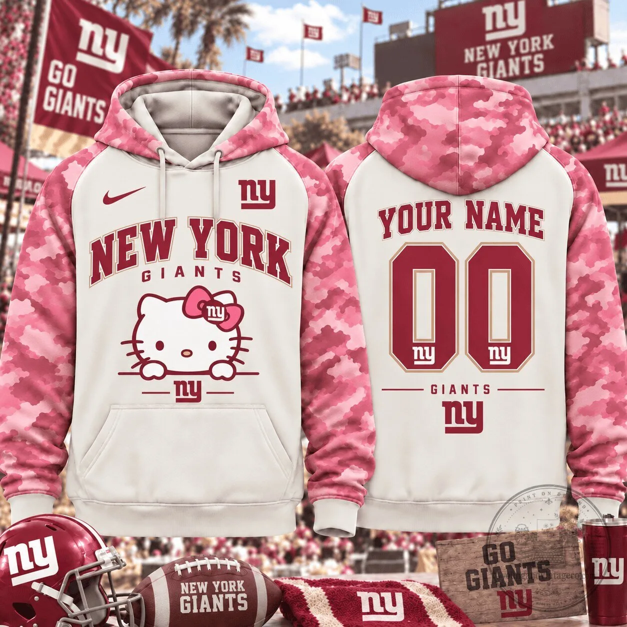 New York Giants Hello Kitty Pink Camouflage Custom Hoodie