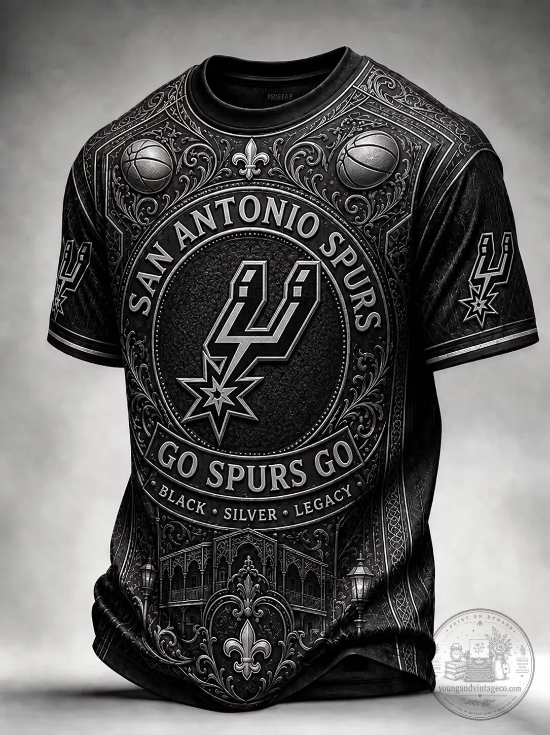 San Antonio Spurs Go Spurs Go Black Silver Legacy Basketball T-Shirt