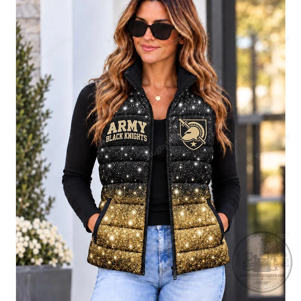 Army Black Knights Glitter Gold Black Ombre Puffer Vest Jacket