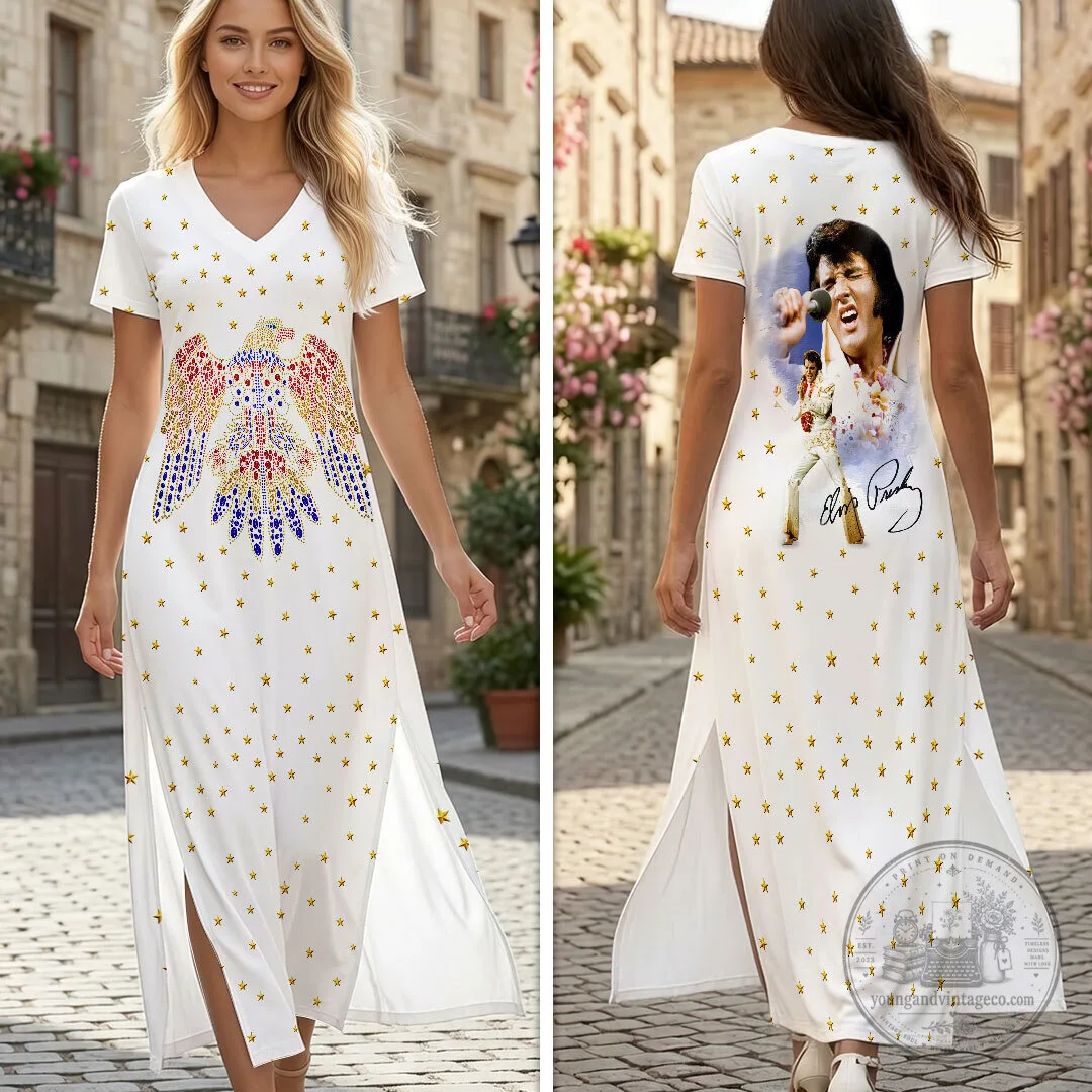 Elvis Presley American Eagle White Short Sleeve Maxi Dress