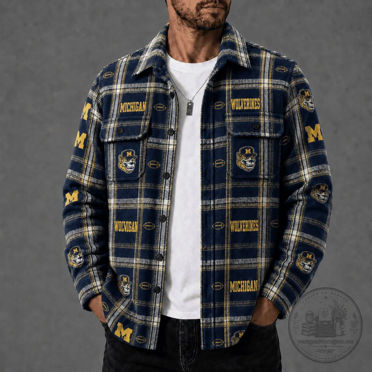 Michigan Wolverines Men's Flannel Button-Up Shirt with Team Logos