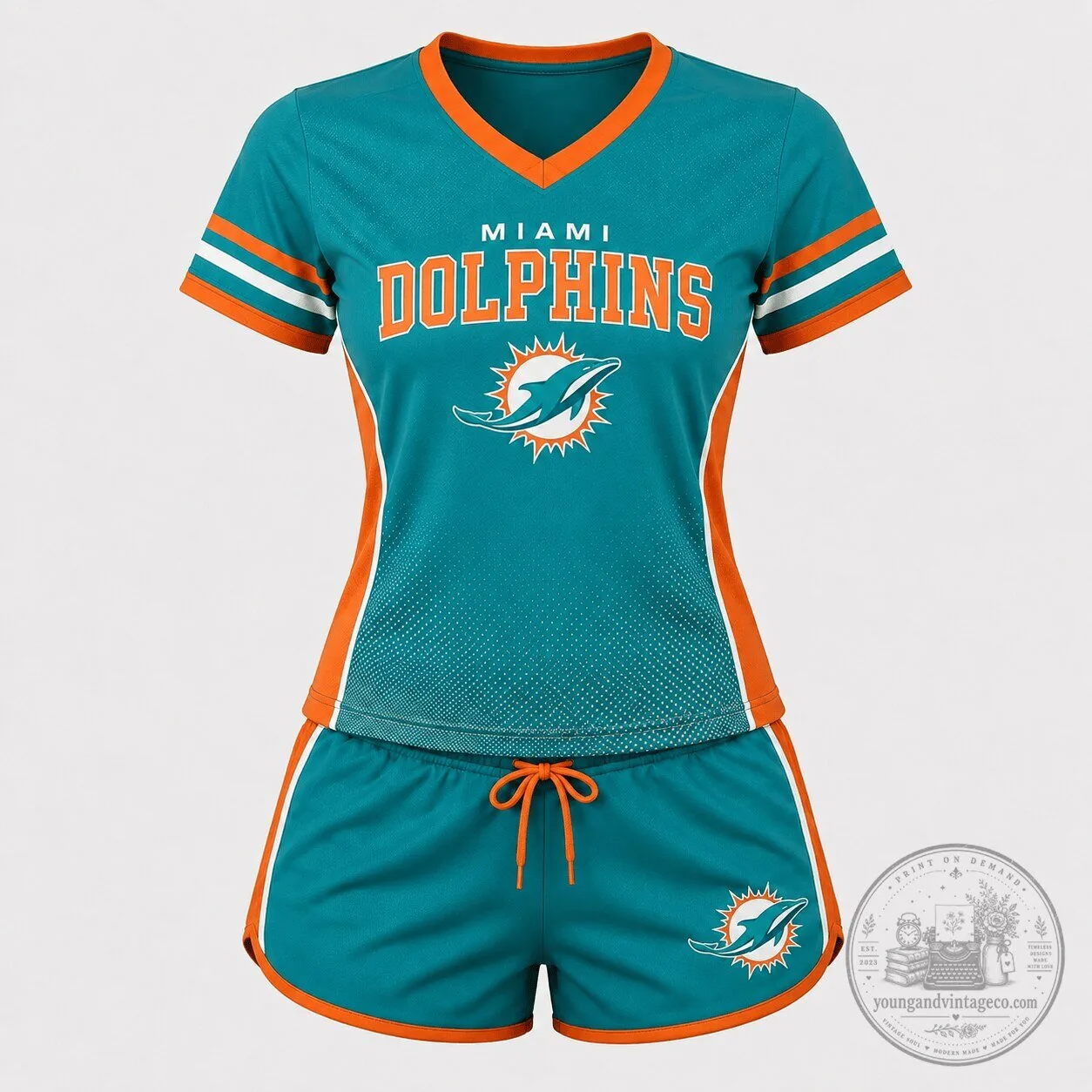 Miami Dolphins Women's Teal and Orange Football Team V-Neck T-Shirt and Shorts Set