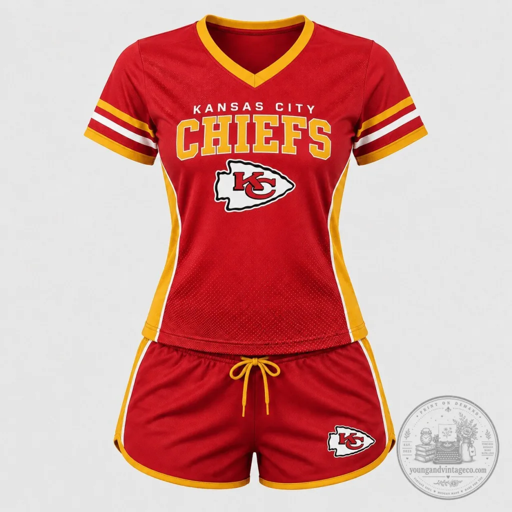 Kansas City Chiefs Women's Red and Gold V-Neck T-Shirt and Shorts Set Kansas City Chiefs Women's Red and Gold V-Neck T-Shirt and Shorts Set
