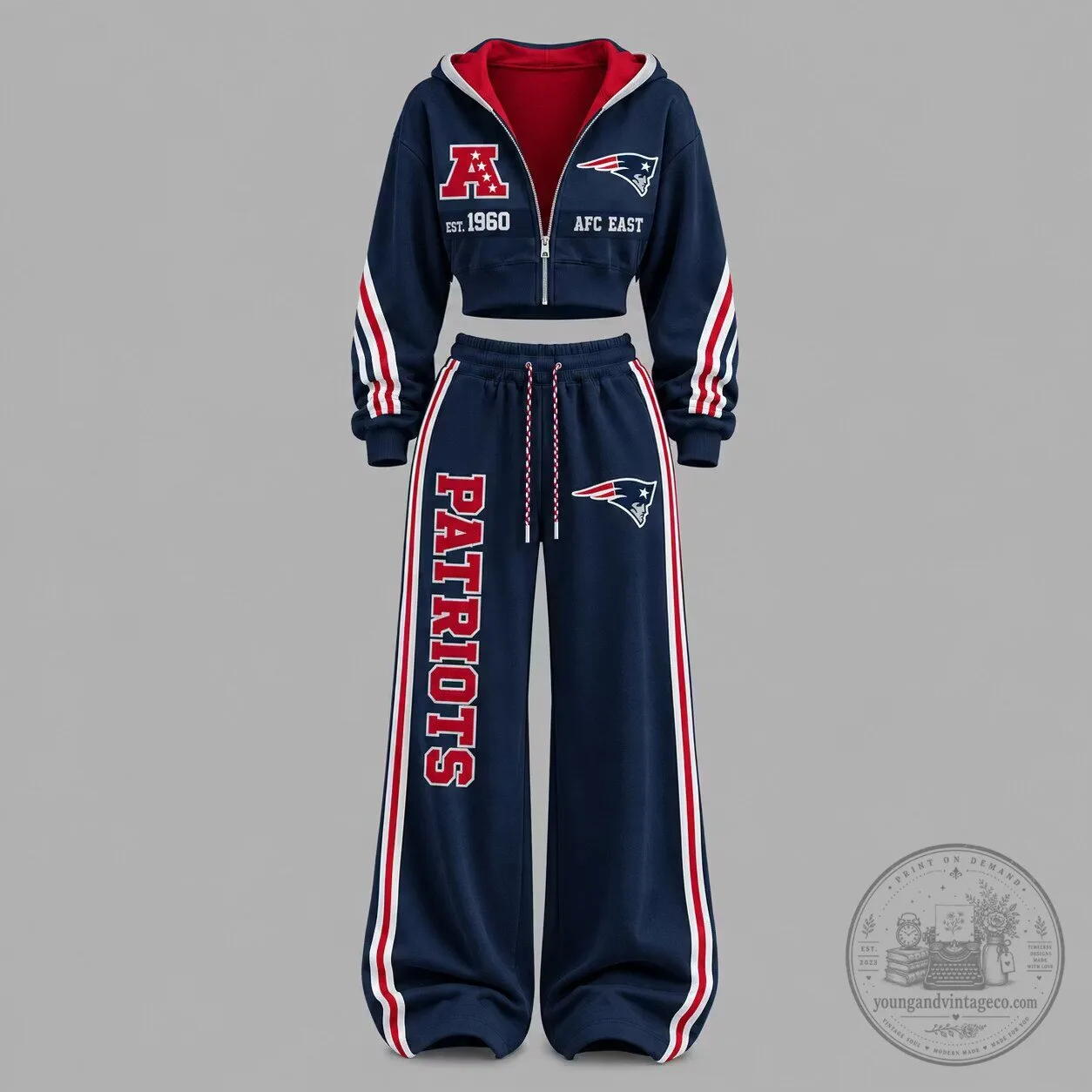 Cropped Hoodie and Wide Leg Sweatpants Set featuring New England Patriots Design