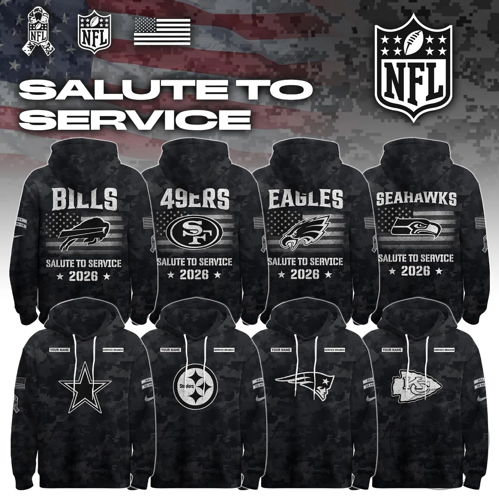 NFL Salute To Service 2026 Personalized Team Logo Military Camouflage Hoodie