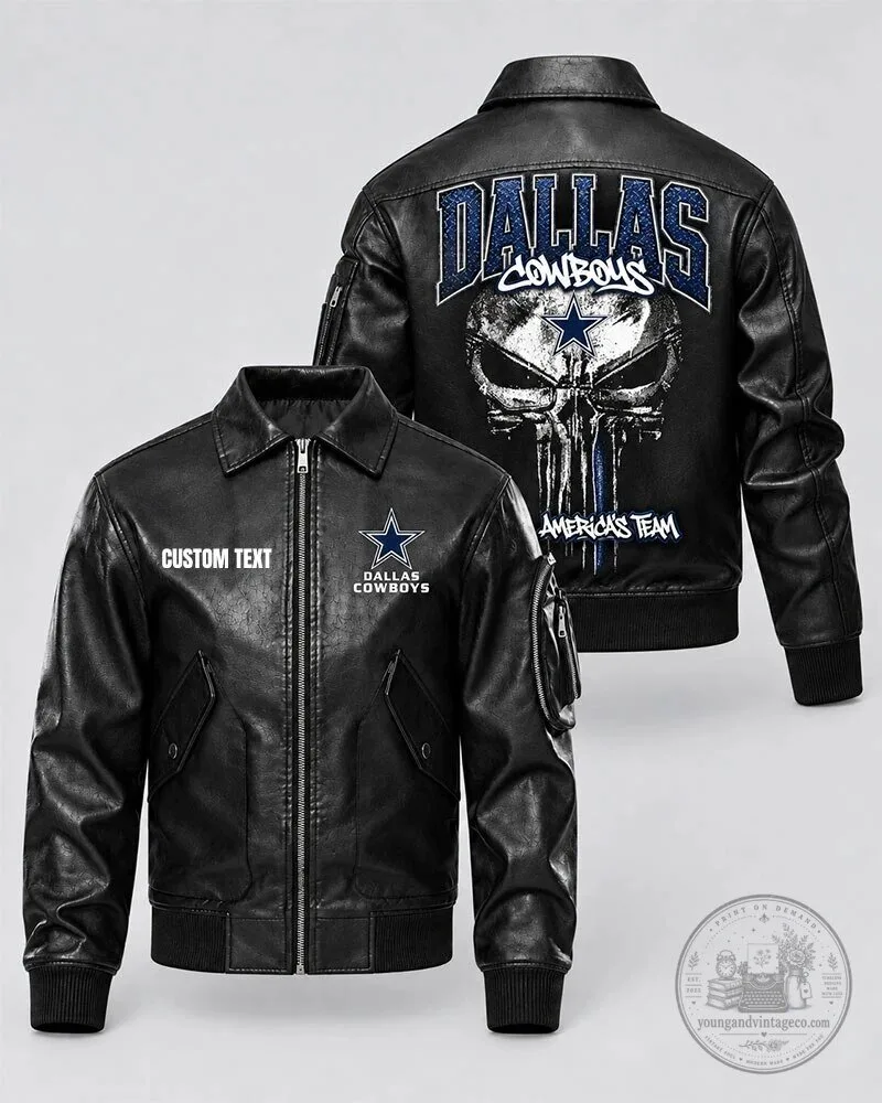 Dallas Cowboys Custom Text Skull Design Black Leather Bomber Jacket