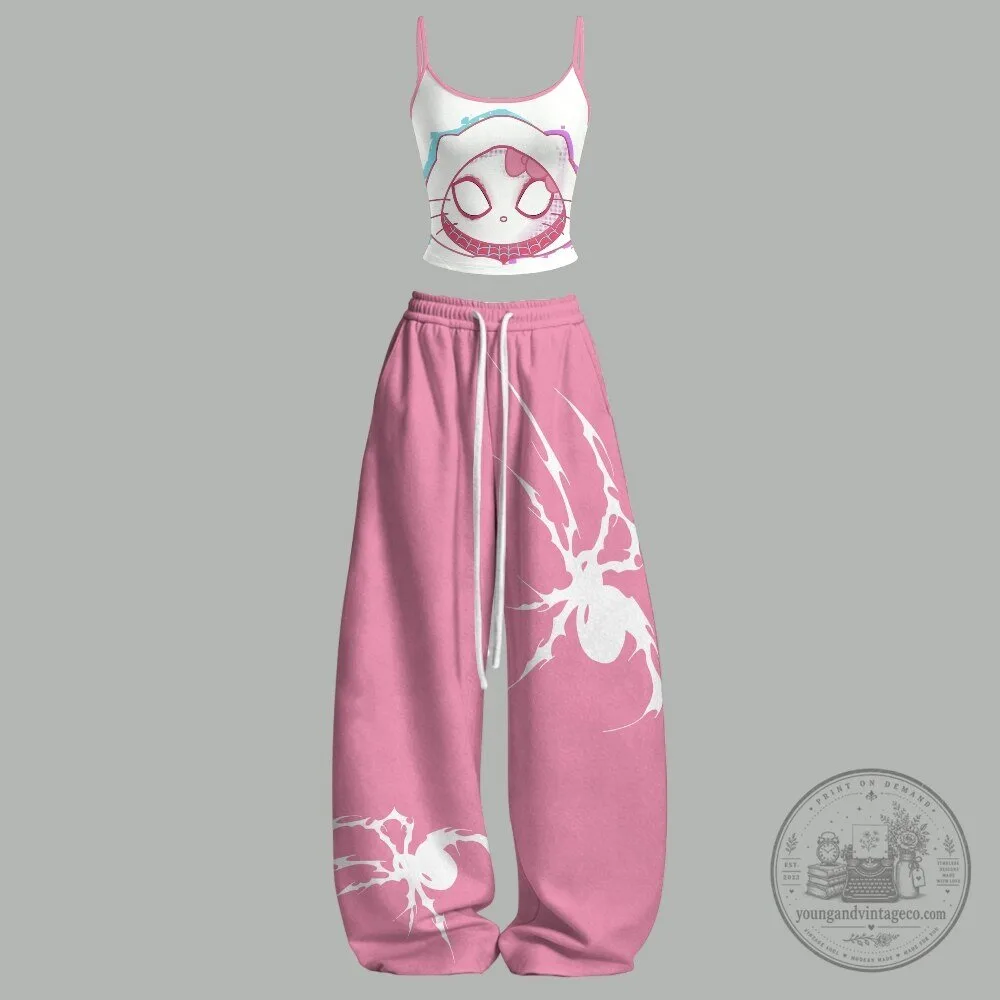 Spider-Man Gwen Stacy Pink Spider Logo Cropped Tank Top and Pants Set