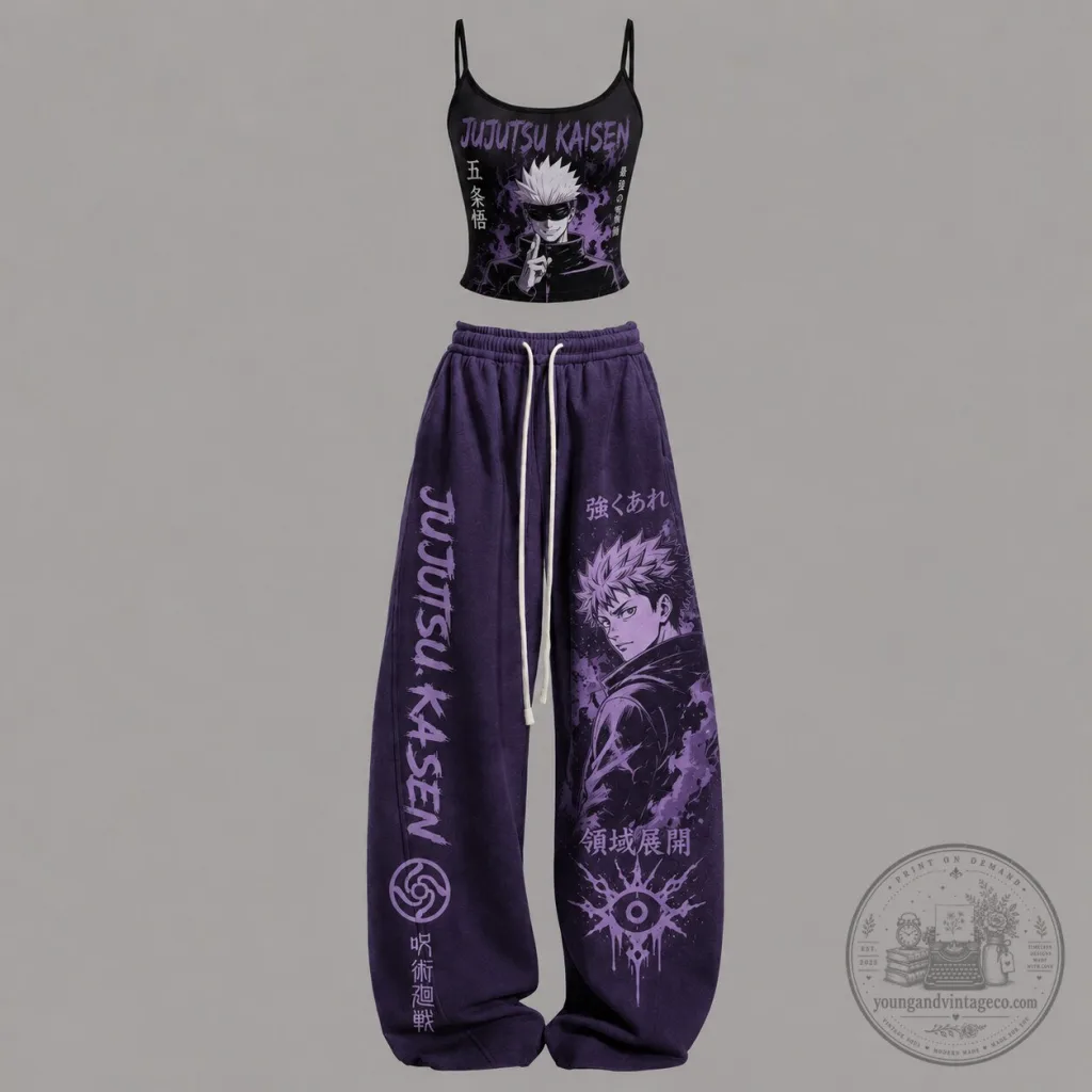 Jujutsu Kaisen Satoru Gojo Anime Graphic Print Crop Top and Pants Set Jujutsu Kaisen Satoru Gojo Anime Graphic Print Crop Top and Pants Set