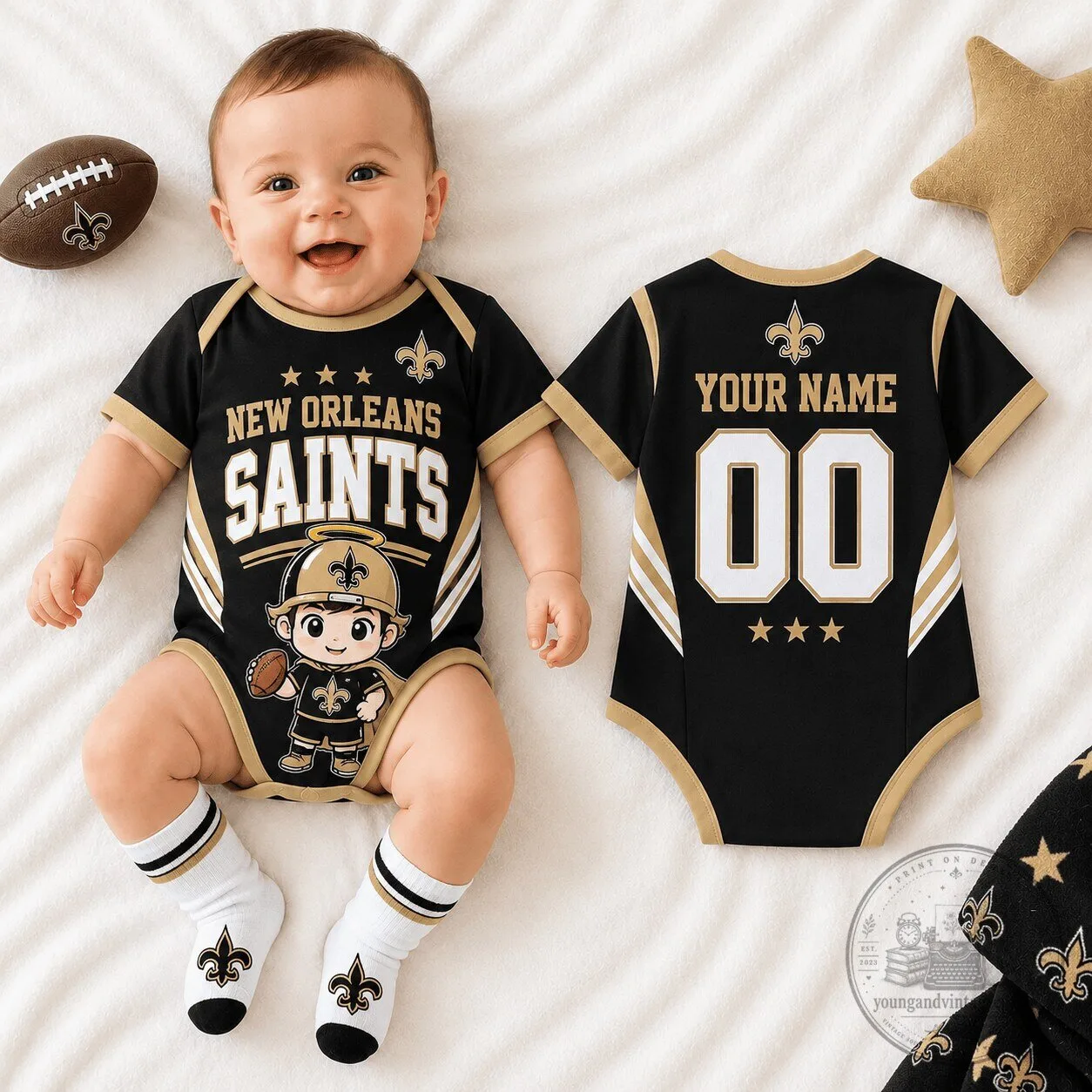 New Orleans Saints Baby Romper Custom Name and Number Infant Bodysuit