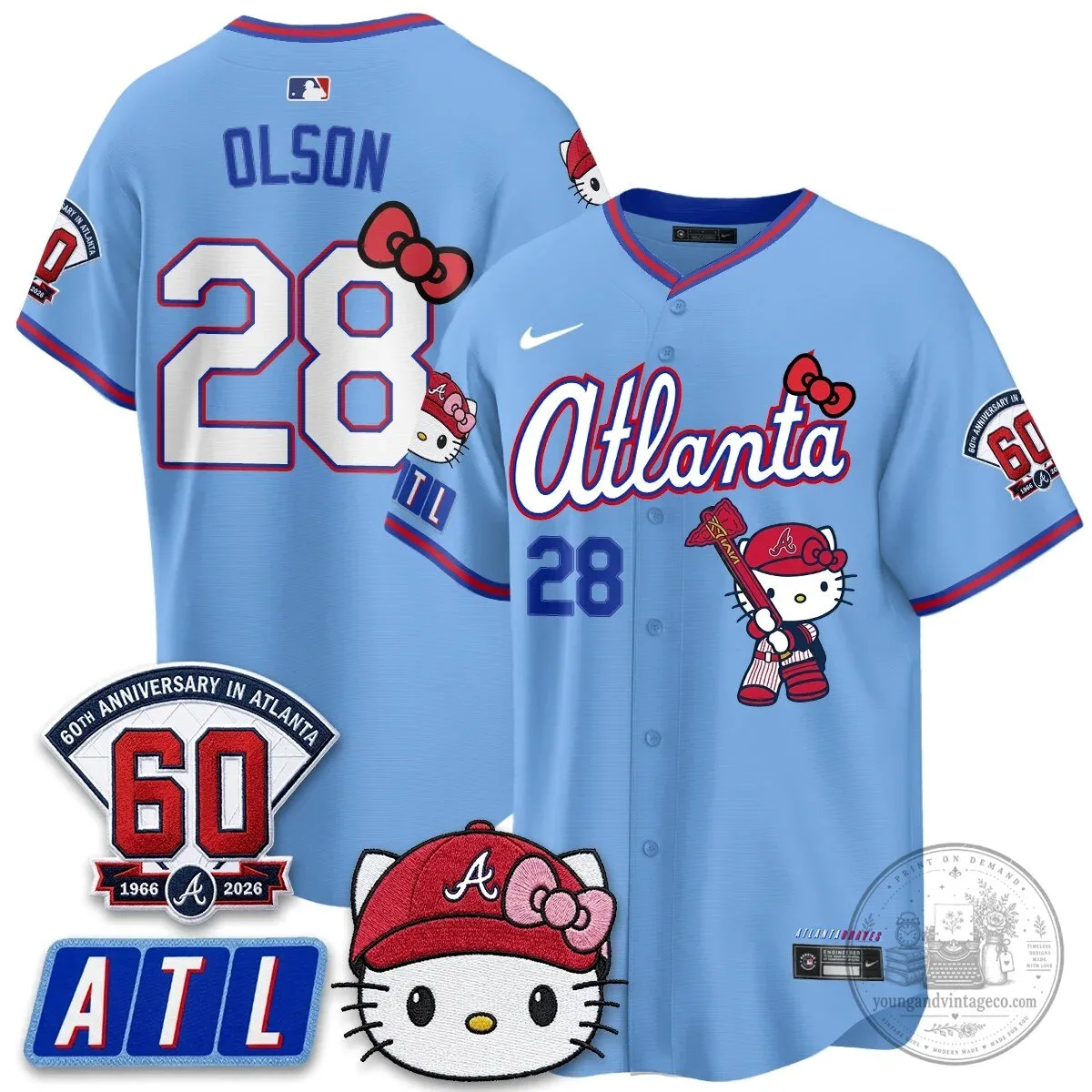 Atlanta Braves Hello Kitty Baseball Jersey Olson 28 60th Anniversary Edition