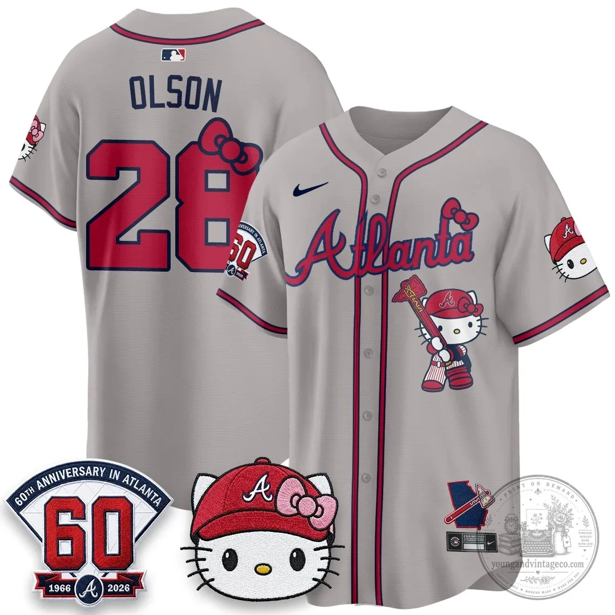 Atlanta Braves Hello Kitty Baseball Jersey Olson 28 60th Anniversary Edition 57 Atlanta Braves Hello Kitty Baseball Jersey Olson 28 60th Anniversary Edition