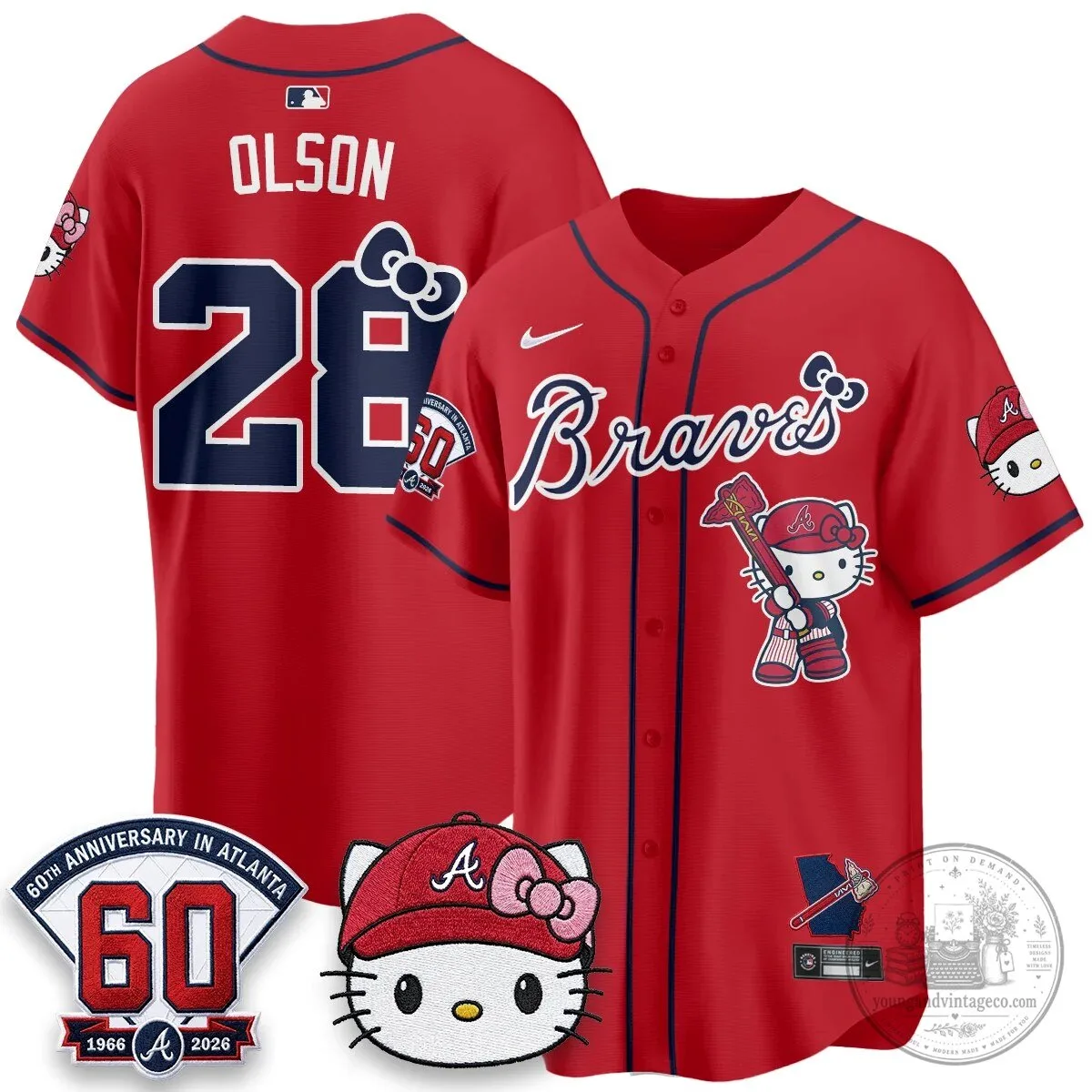 Atlanta Braves Hello Kitty Baseball Jersey Olson 28 60th Anniversary Edition 66 Atlanta Braves Hello Kitty Baseball Jersey Olson 28 60th Anniversary Edition
