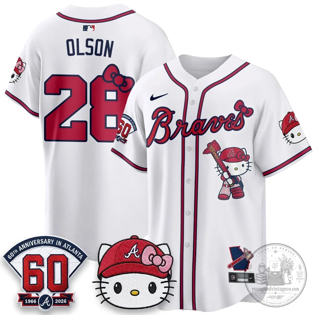 Atlanta Braves Hello Kitty Baseball Jersey Olson 28 60th Anniversary Edition 75 Atlanta Braves Hello Kitty Baseball Jersey Olson 28 60th Anniversary Edition