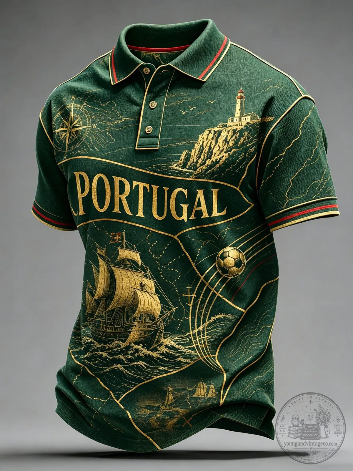 Portugal Football Match Themed Green and Gold Art Print Polo Shirt