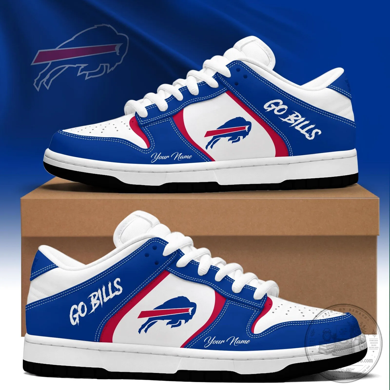 Buffalo Bills Go Bills Custom Name White and Blue Sneakers