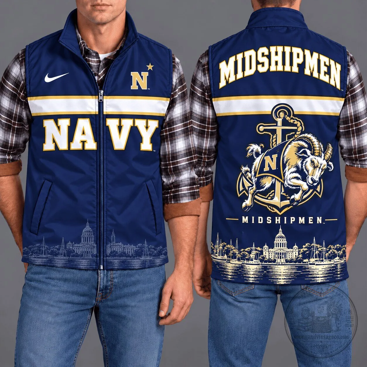 Navy Midshipmen NCAA College Football Team Sleeveless Zip Vest Jacket