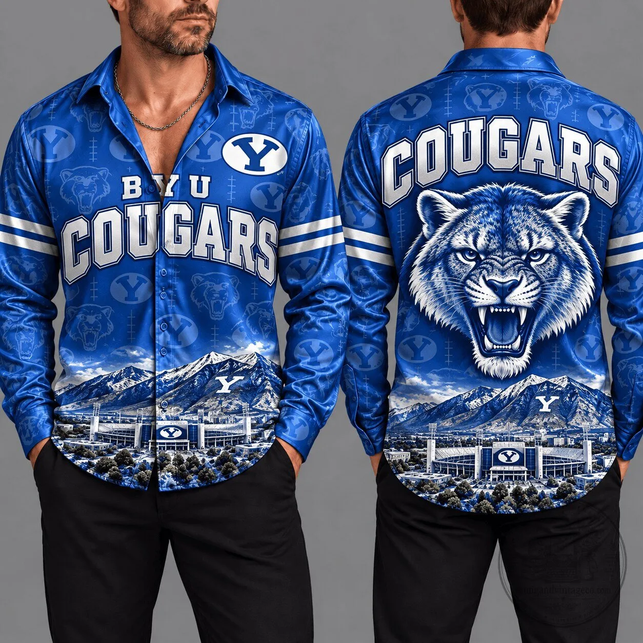 Brigham Young University Cougars Football Team Fan Long-Sleeve Button-Up Shirt