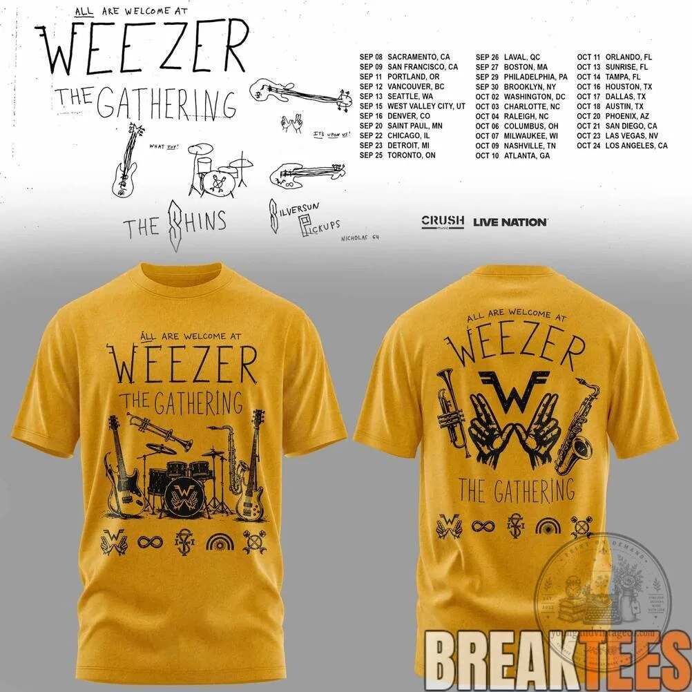 Weezer The Gathering Tour 2023 Concert Schedule Yellow T-Shirt