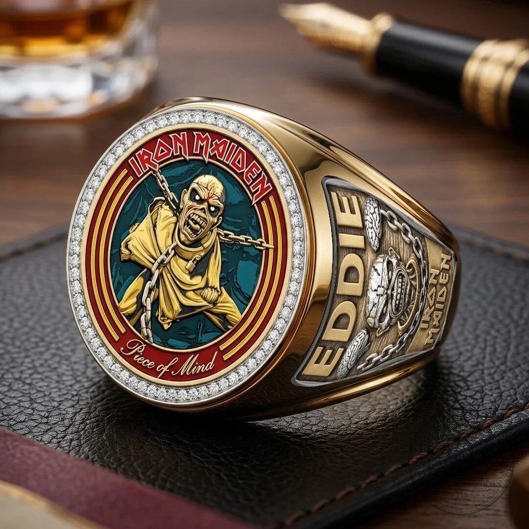 Iron Maiden Eddie Piece of Mind Album Art Gold Plated Ring