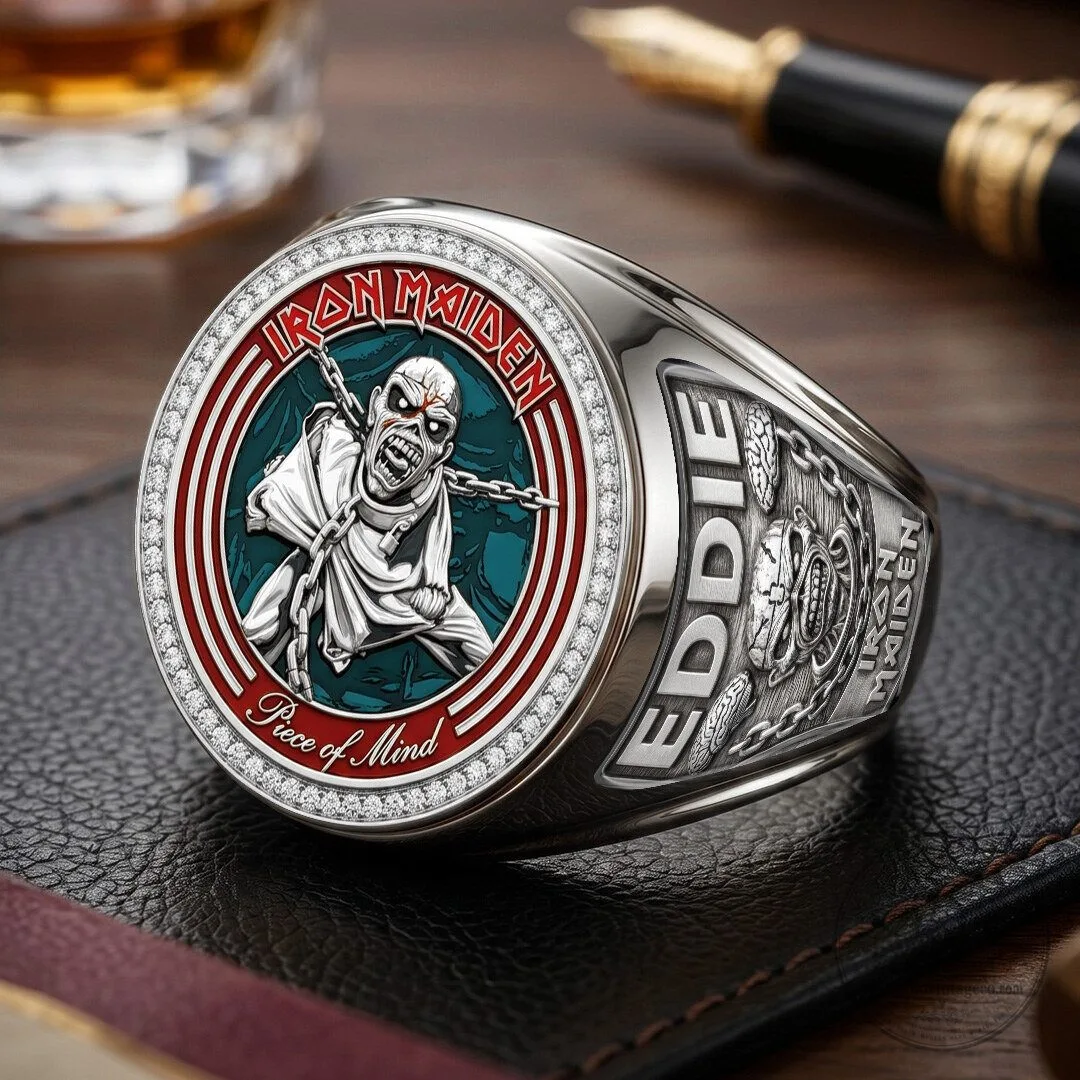 Iron Maiden Eddie Piece of Mind Album Art Gold Plated Ring 7 Iron Maiden Eddie Piece of Mind Album Art Gold Plated Ring