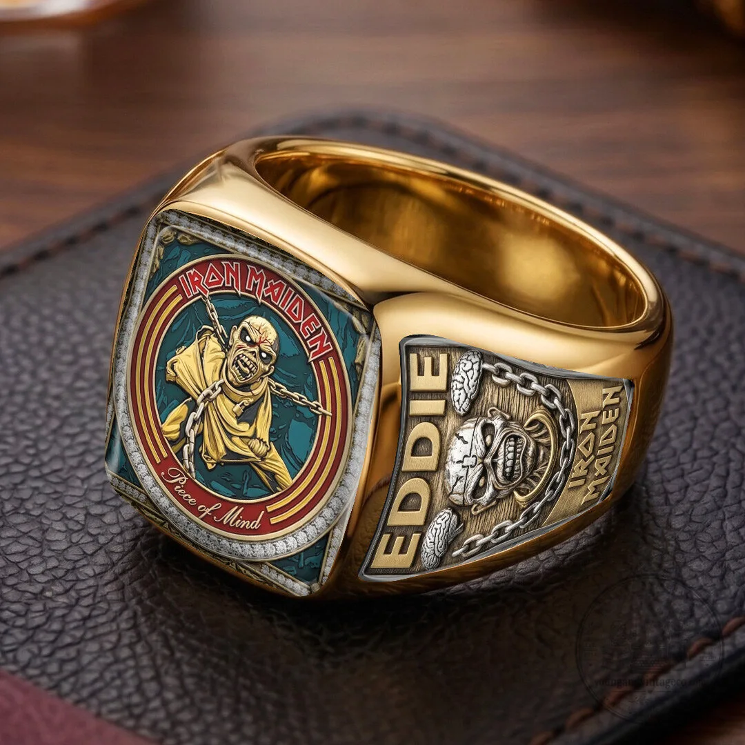 Iron Maiden Eddie Piece of Mind Album Art Gold Plated Ring 8 Iron Maiden Eddie Piece of Mind Album Art Gold Plated Ring