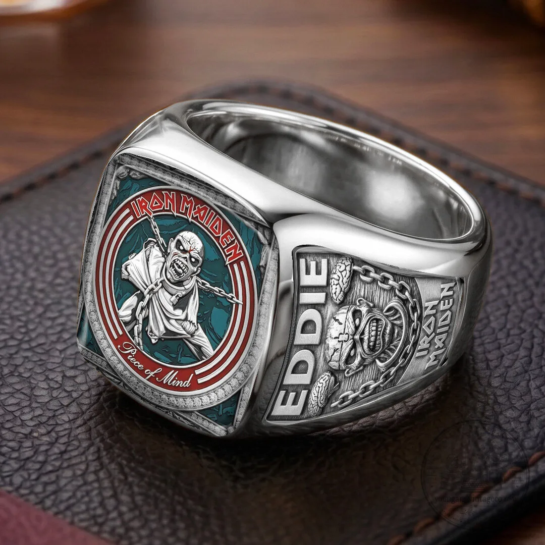 Iron Maiden Eddie Piece of Mind Album Art Gold Plated Ring 9 Iron Maiden Eddie Piece of Mind Album Art Gold Plated Ring
