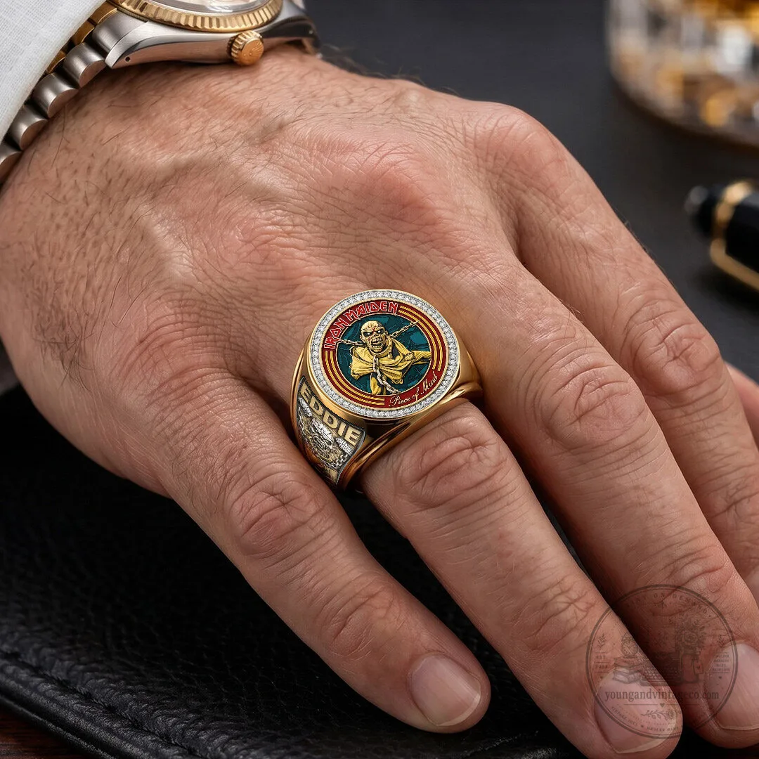 Iron Maiden Eddie Piece of Mind Album Art Gold Plated Ring 10 Iron Maiden Eddie Piece of Mind Album Art Gold Plated Ring