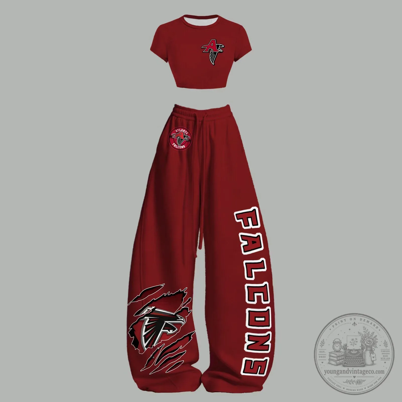 Atlanta Falcons Womens Cropped T-Shirt and Sweatpants Two Piece Set