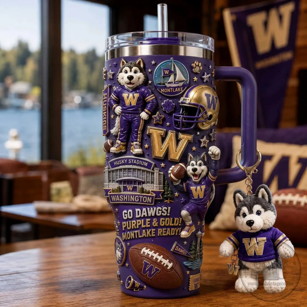 Washington Huskies Football Team Purple and Gold Insulated Tumbler with Handle Washington Huskies Football Team Purple and Gold Insulated Tumbler with Handle