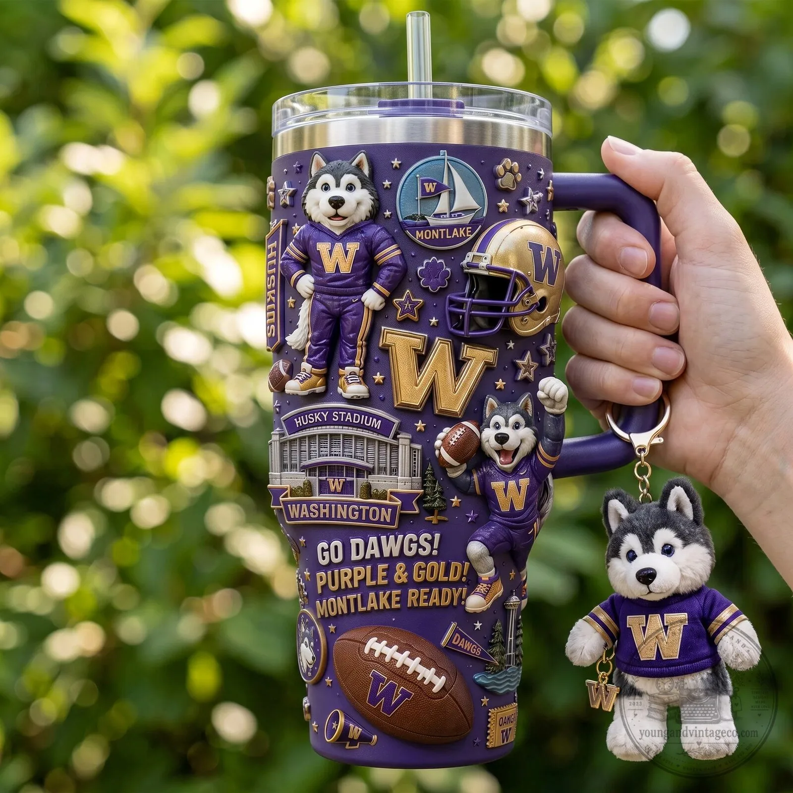 Washington Huskies Football Team Purple and Gold Insulated Tumbler with Handle 5 Washington Huskies Football Team Purple and Gold Insulated Tumbler with Handle