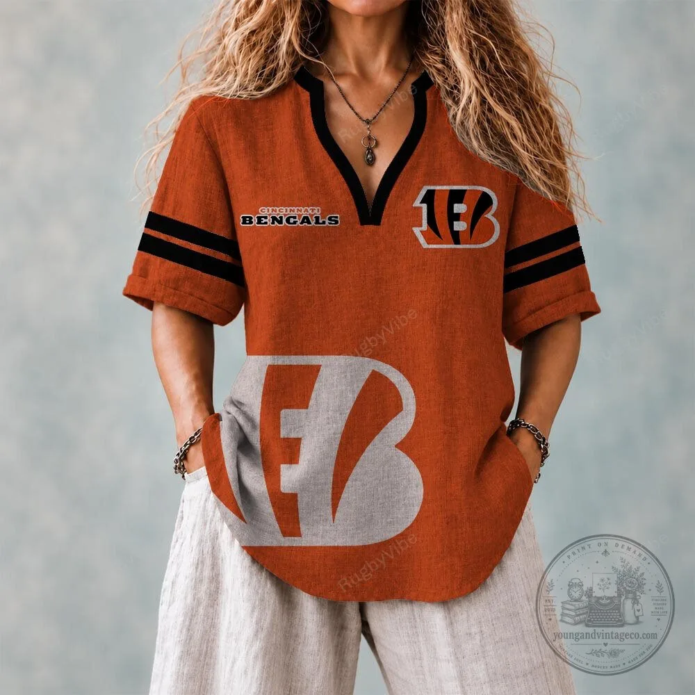 Cincinnati Bengals Football Team Logo Orange V-Neck Short Sleeve Shirt