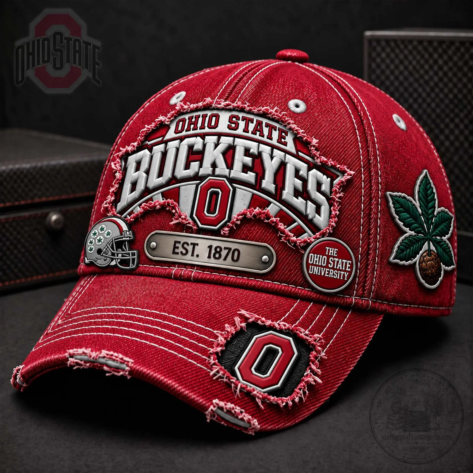 Ohio State Buckeyes Distressed Red Embroidered Baseball Cap Hat