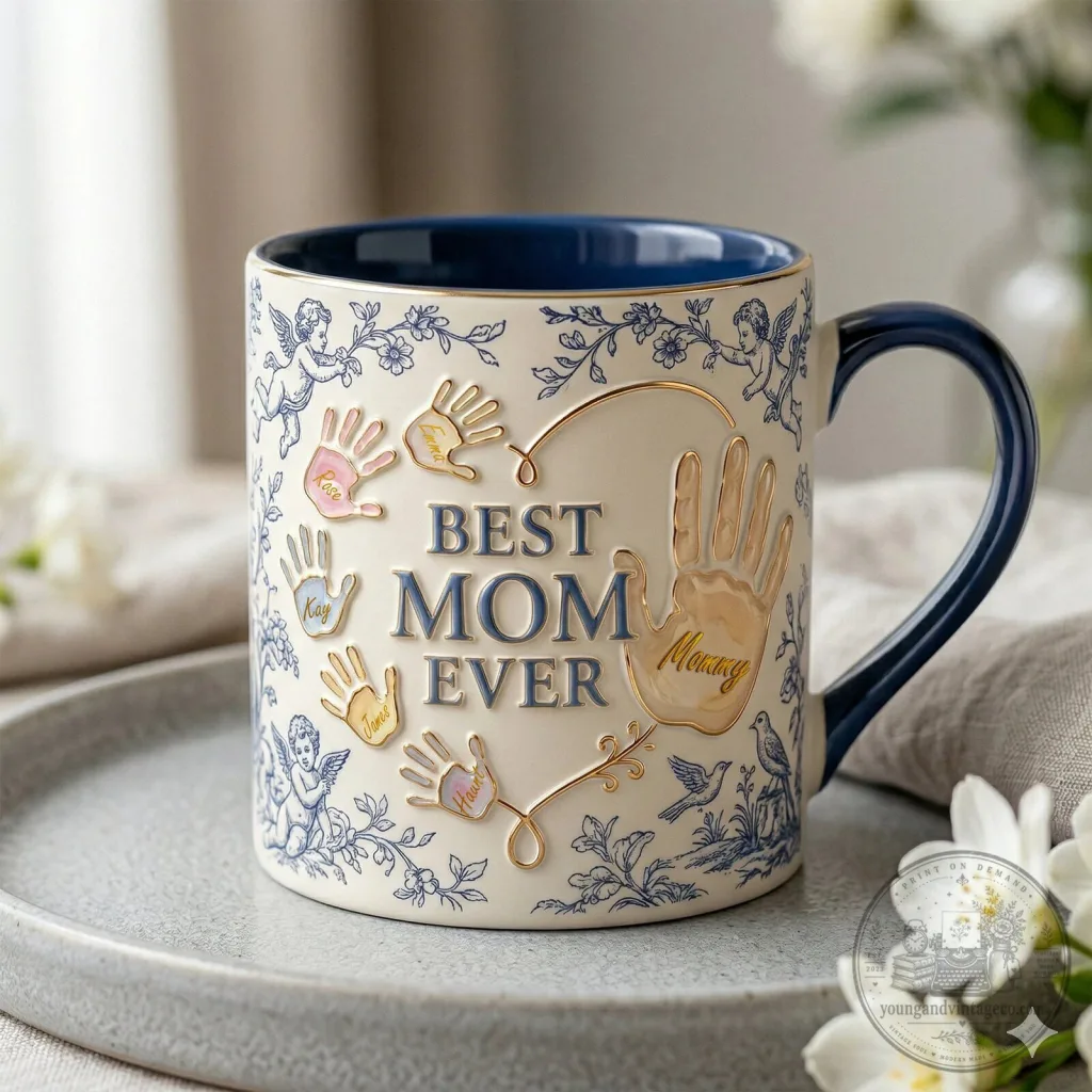 Best Mom Ever Toile De Jouy Handprint Personalized Blue Accent Coffee Mug 12 Best Mom Ever Toile De Jouy Handprint Personalized Blue Accent Coffee Mug