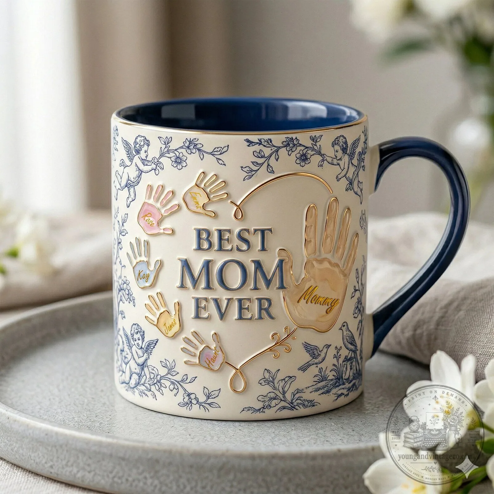 Best Mom Ever Toile De Jouy Handprint Personalized Blue Accent Coffee Mug