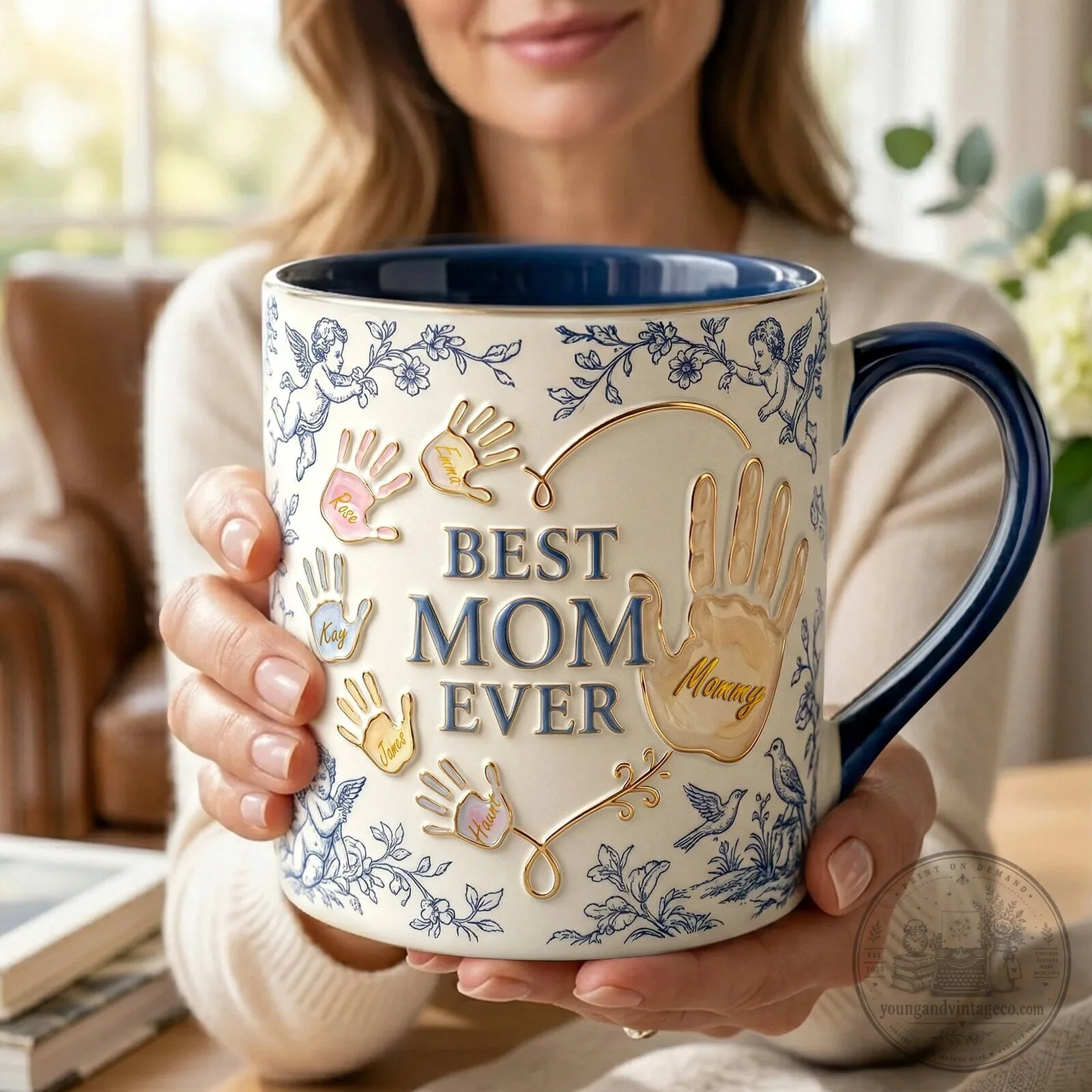 Best Mom Ever Toile De Jouy Handprint Personalized Blue Accent Coffee Mug 5 Best Mom Ever Toile De Jouy Handprint Personalized Blue Accent Coffee Mug