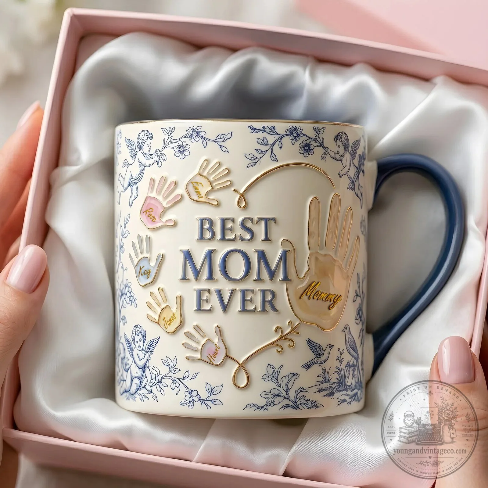 Best Mom Ever Toile De Jouy Handprint Personalized Blue Accent Coffee Mug 6 Best Mom Ever Toile De Jouy Handprint Personalized Blue Accent Coffee Mug