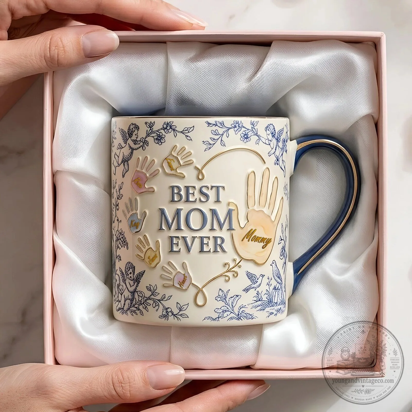 Best Mom Ever Toile De Jouy Handprint Personalized Blue Accent Coffee Mug 7 Best Mom Ever Toile De Jouy Handprint Personalized Blue Accent Coffee Mug