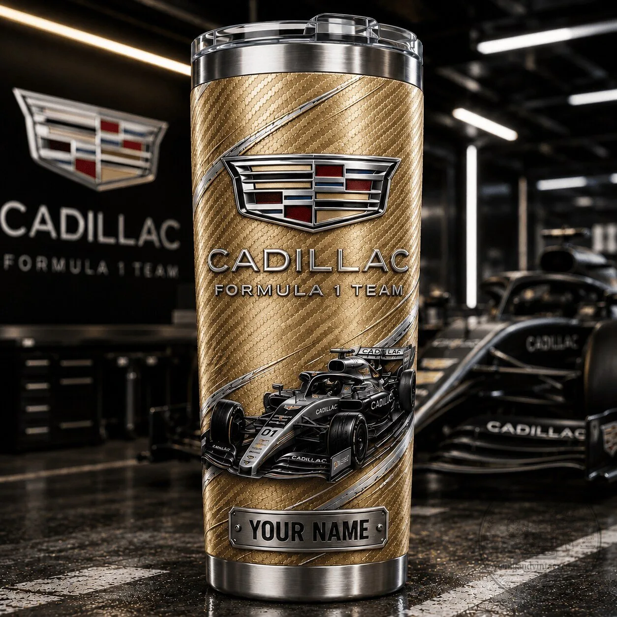 Cadillac Formula 1 Team Racing Car Gold Custom Name Stainless Steel Tumbler