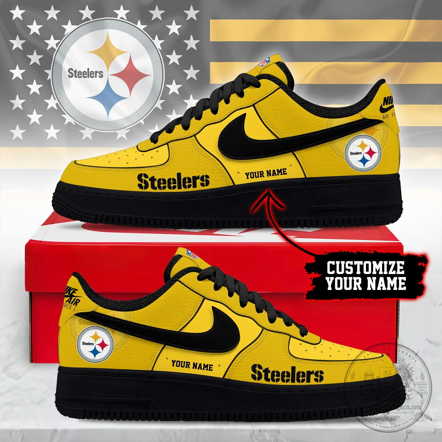 Pittsburgh Steelers Custom Name Black and Gold Football Team Sneakers