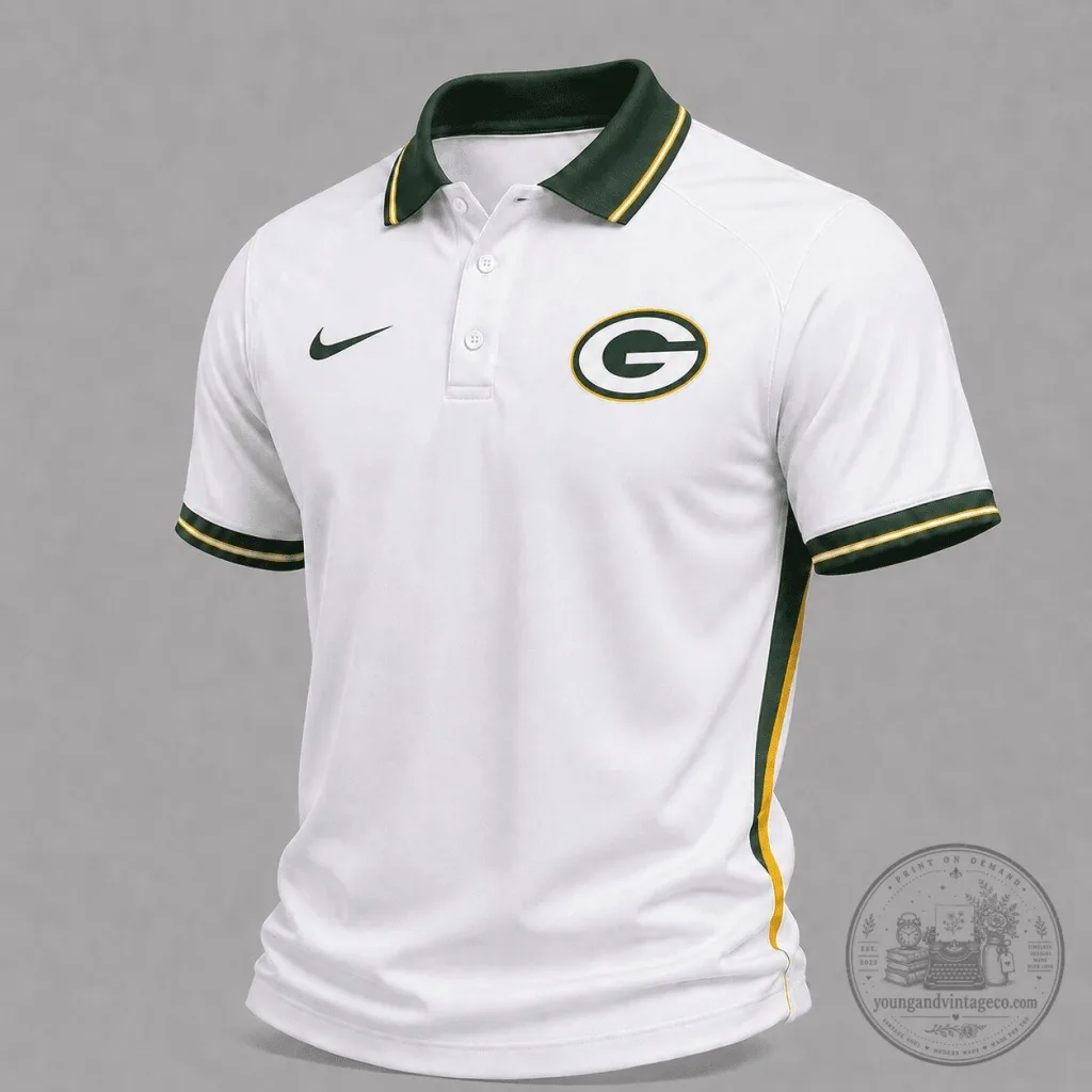 Green Bay Packers White and Gold Stripe Team Logo Polo Shirt Green Bay Packers White and Gold Stripe Team Logo Polo Shirt