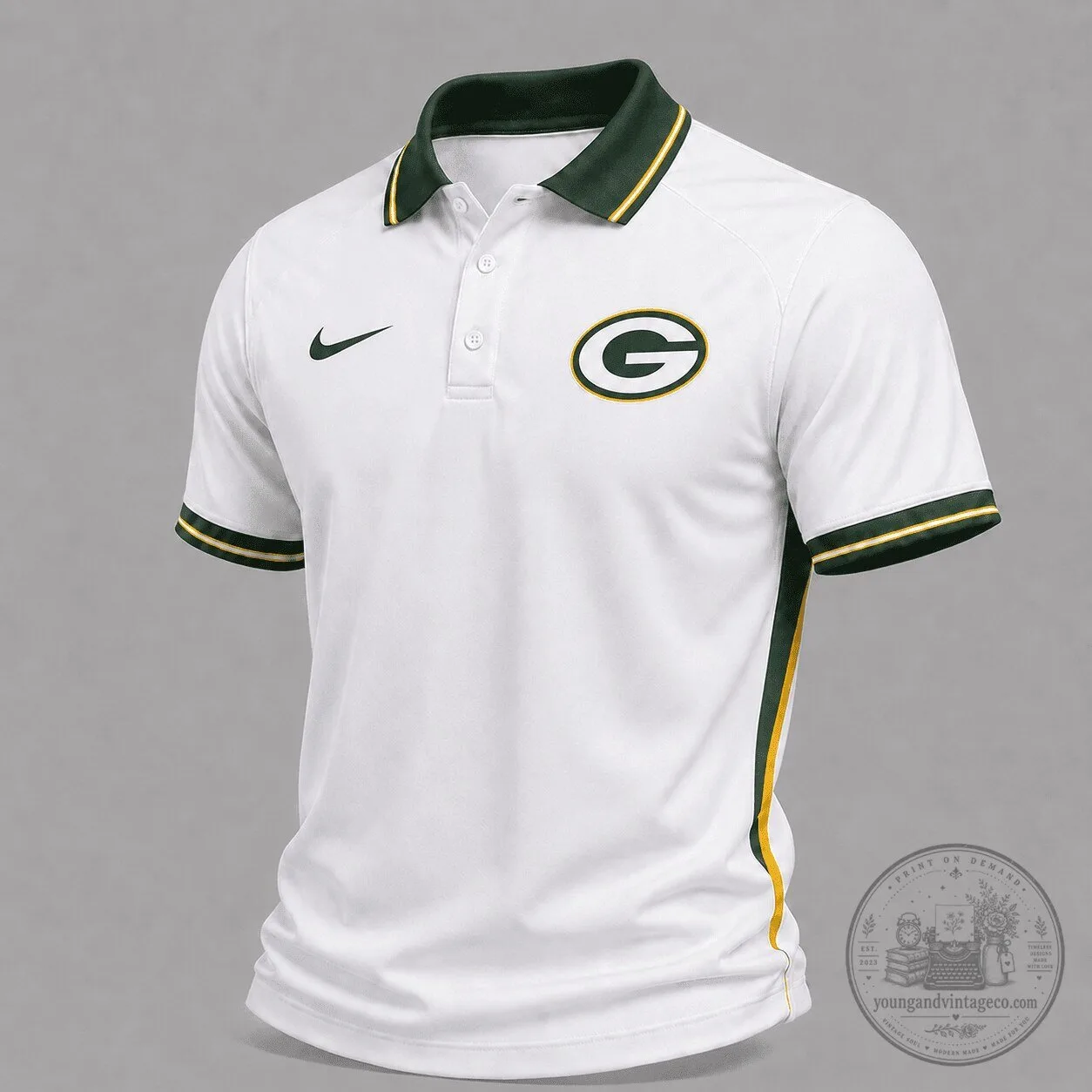 Green Bay Packers White and Gold Stripe Team Logo Polo Shirt 1 Green Bay Packers White and Gold Stripe Team Logo Polo Shirt